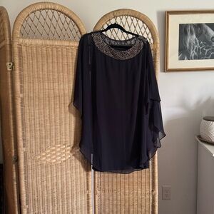 Xscape Dark Gray Beaded Cape-Sleeve Chiffon Dress